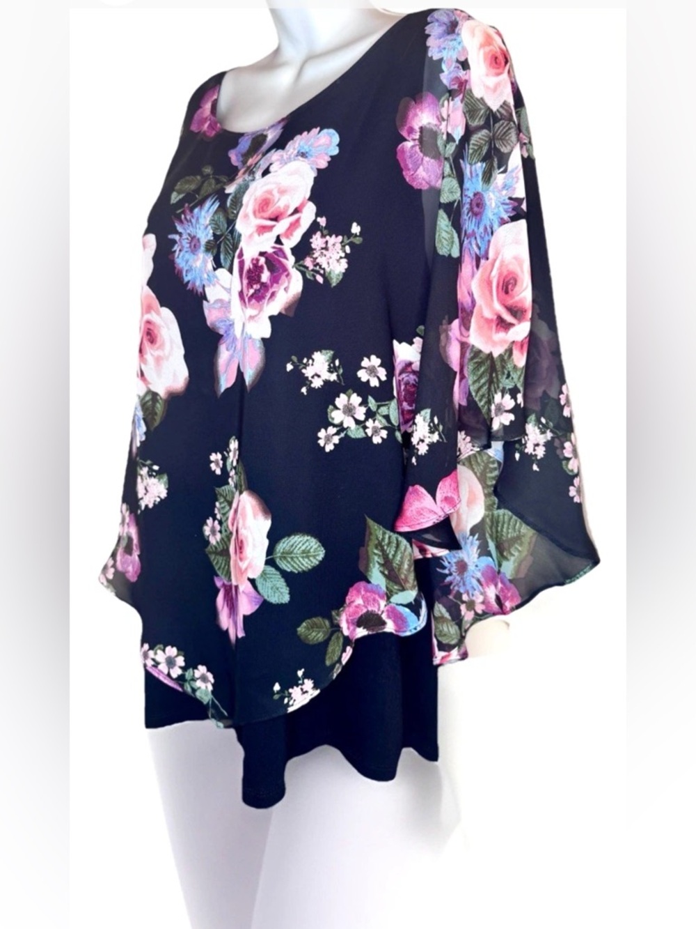Apt. 9 Black Floral Overlay Tunic with Pink Roses